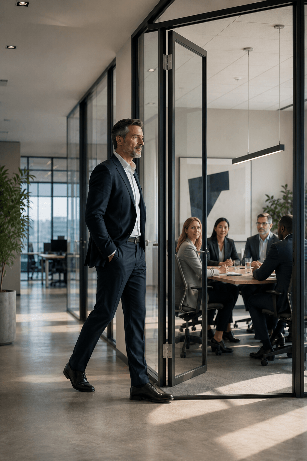 A leader walking into a glass conference room